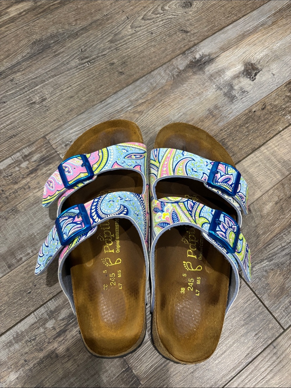 Birkenstock Multicolor Paisley Slide Sandals with Blue Buckles